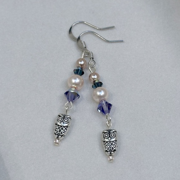 Handmade Double Drop Owl Earrings Tanzanite AB Crystal & Blush Faux Pearls - Picture 1 of 5